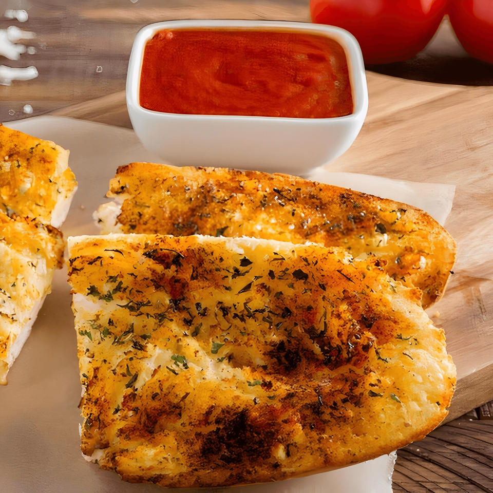 Golden-brown garlic breadsticks with herbs and spices, served with a side of red marinara sauce.