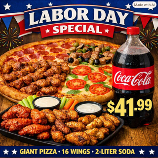 Labor Day Special (1 giant pizza 1 topping and 16 pieces of Wings)